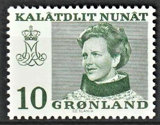 FRIMÆRKER GRØNLAND | 1973 - AFA 84 - Dronning Margrethe - 10 øre grøn - Postfrisk